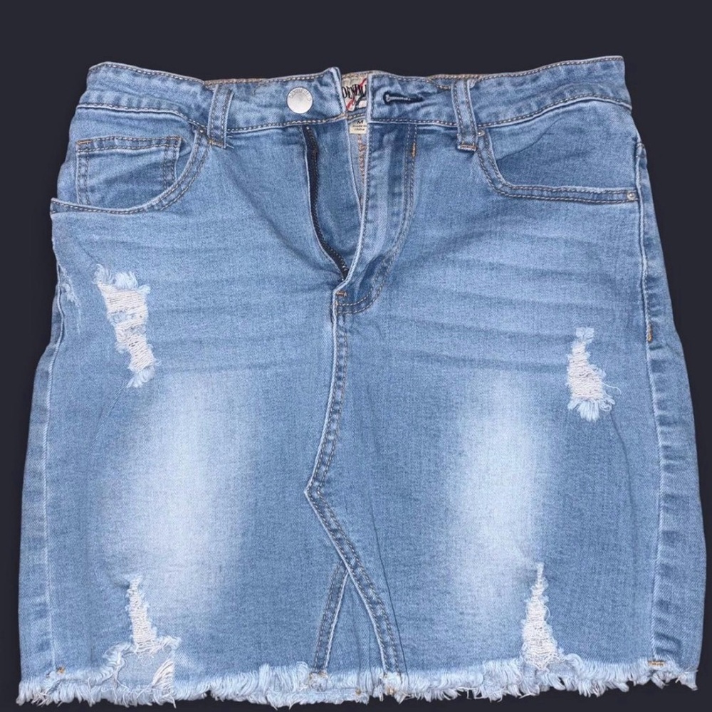 Light Wash Distressed Denim Mini Skirt
